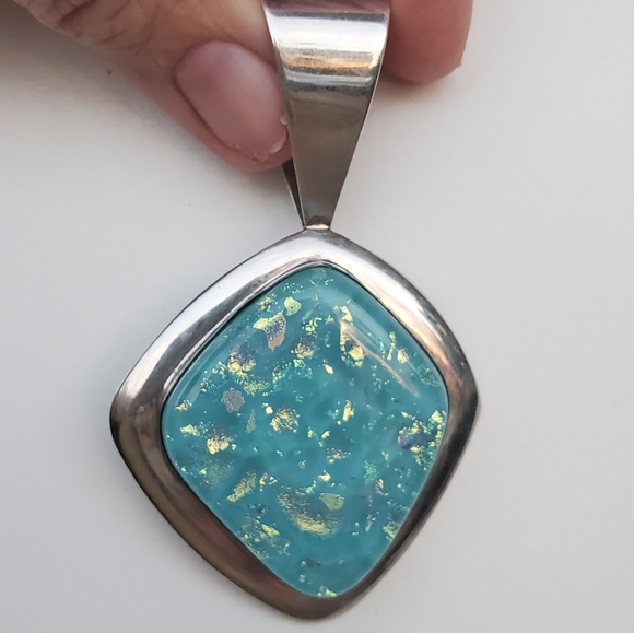 Jay King Turquoise large 925 sterling silver Pendant dtr Shimmery accents - Picture 5 of 6